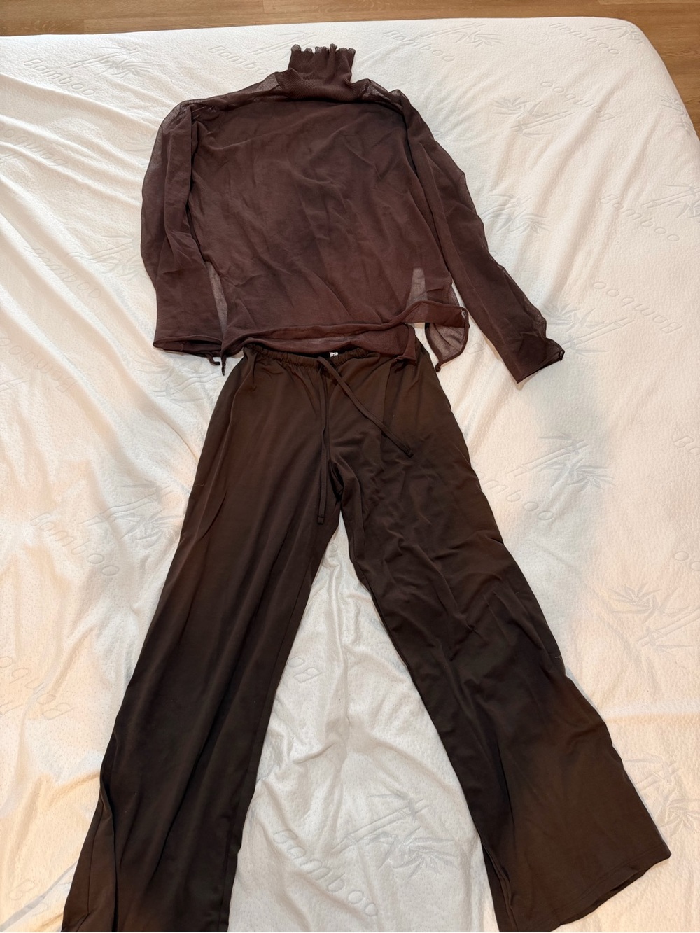 Brown Mesh Turtleneck + Wide Leg Pants